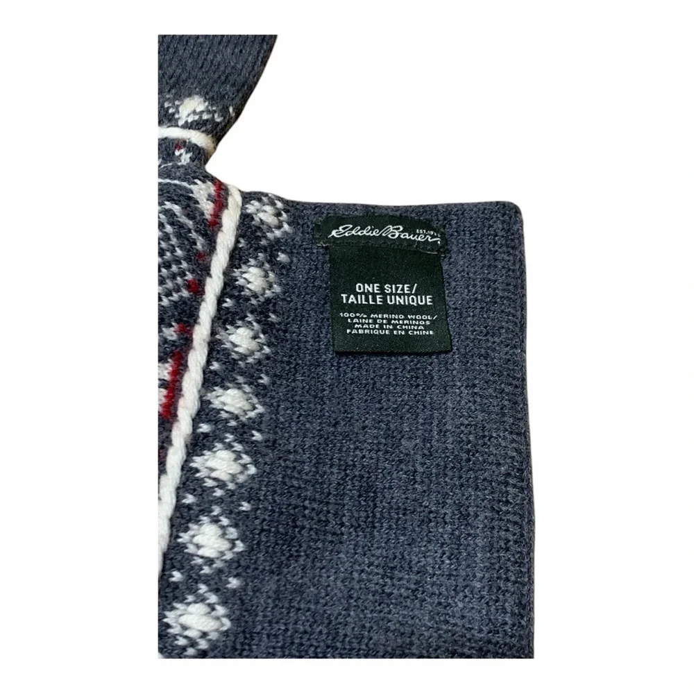 Eddie Bauer Gray Knit Scarf with Red and White Pattern